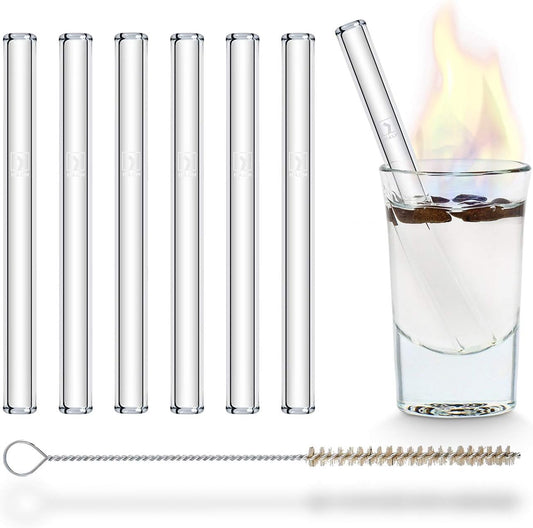 HALM Glass Straws - 6 Reusable 4 Inch Short Drinking Straws + Plastic-Free Cleaning Brush Perfect for B52 and Shot Glasses or Blowing Tubes & Paraphernalia - Dishwasher Safe - Eco-Friendly – Straight