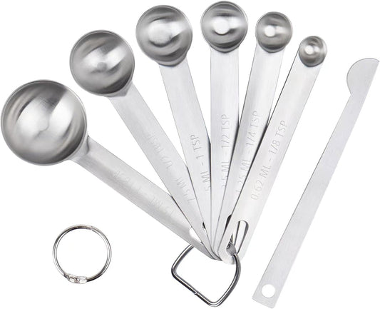 Upgrade Stainless Steel Measuring Spoons Set, Small Tablespoon, Teaspoons, Set 6 with Bonus Leveler, Etched Markings and Removable Clasp for Dry and Liquid, Fits in Spice Jars