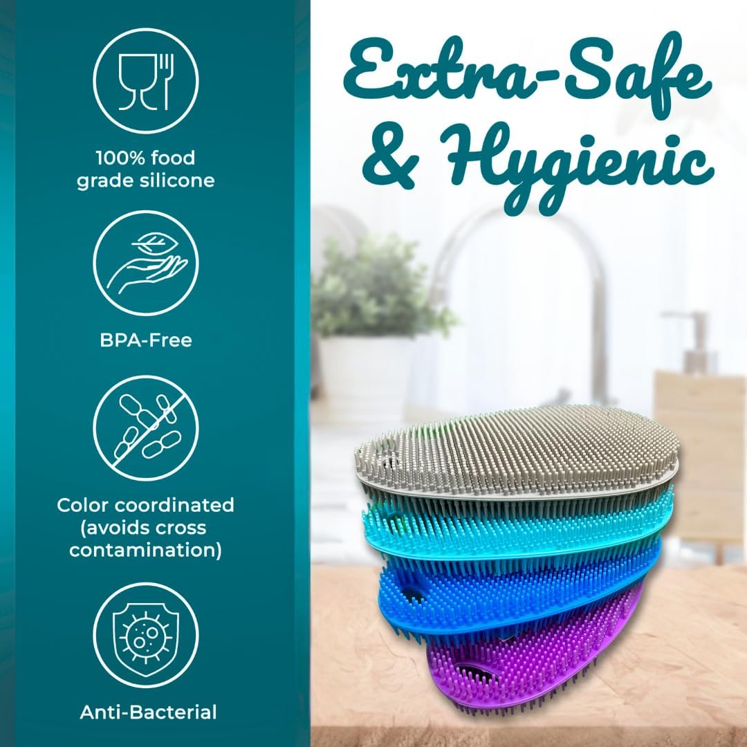 Food Grade Silicone Dish Scrubber - BPA-Free Kitchen Scrubbers for Dishes and Housecleaning (4-Pack Ovals)