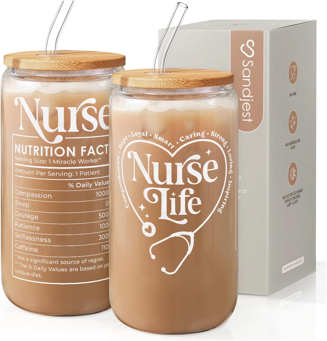 SANDJEST Nurse Life Glass Can Cup with Lid & Straw, Iced Coffee Aesthetic Cups, Idea Gift for Christmas Birthday Mother Day Nurse Week, Gifts for Women Friends, 16oz