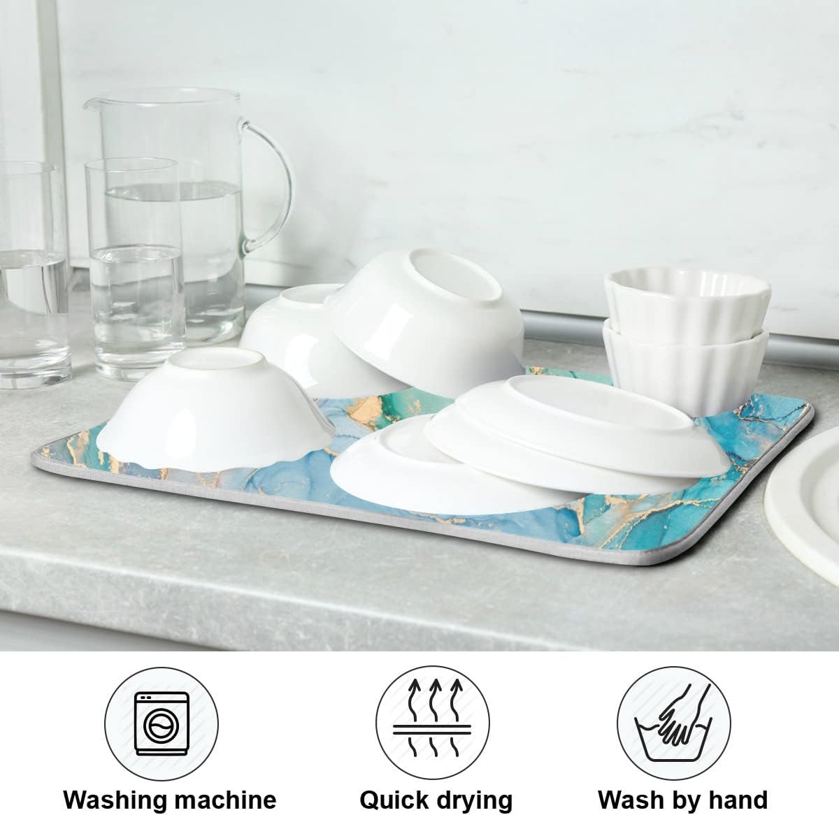 Marble Dish Drying Mat for Kitchen Counter Blue Teal Turquoise Gold Drying Mat 16 x 18 Inch with High Absorbent Reversible Microfiber Dish Drying Pad Dish Rack Pad Drainer Mat for Coffee Bar