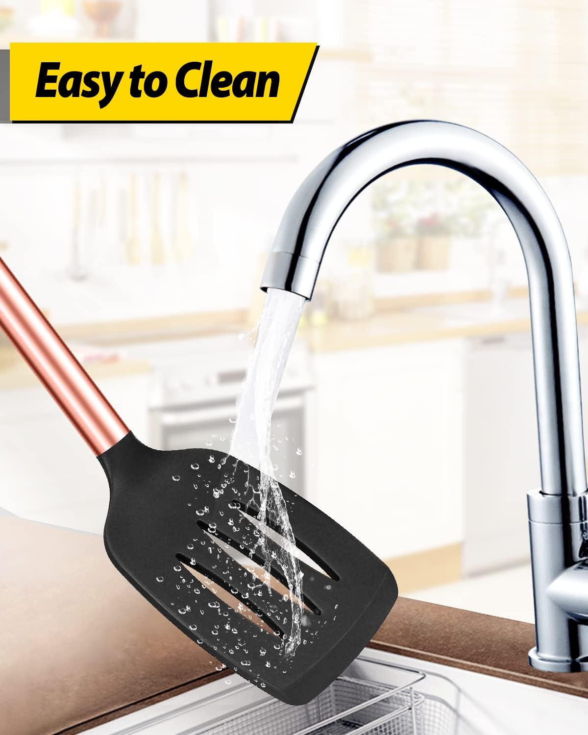 Pack of 4 Silicone Cooking Utensils Set, Non Stick Large Solid Spatulas, Heat Resistant Rose Gold Black Slotted Spoons, Ideal BPA Free Kitchen Turners for Frying, Mixing,Serving,Draining,Turning