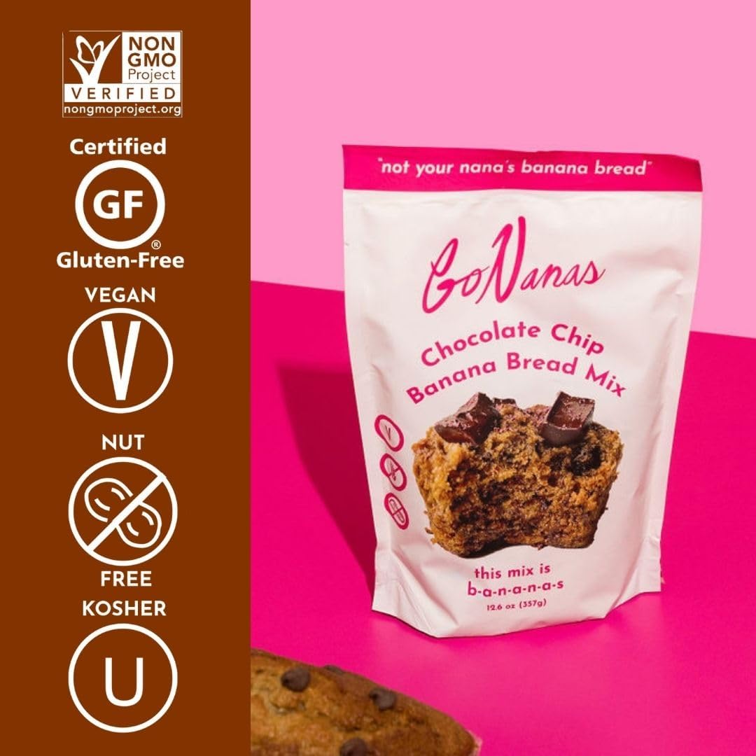 GoNanas Chocolate Chip Oat Flour Banana Bread Mix, Suitable for Plant Based Vegan Diets, Gluten Free Dairy Free Snacks, Healthy Snacks For Adults, Muffin Mix, Nut Free, Cupcakes Dessert, NON-GMO, 4pk