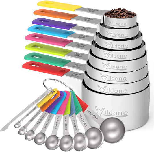 Wildone Measuring Cups & Spoons Set of 18 - Includes 8 Stainless Steel Nesting Measuring Cups, 9 Measuring Spoons, 1 Leveler, Ideal for Dry and Liquid Ingredients