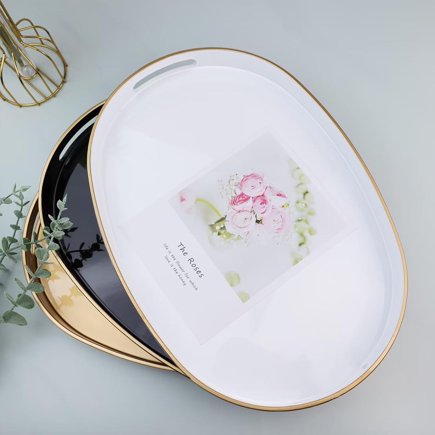 Gold Oval Decorative Tray with Handles, Versatile Serving Tray for Coffee Table, Ottoman, Ideal for Serving, Displaying, Organizing, 15.3"*10.6"*1.37"