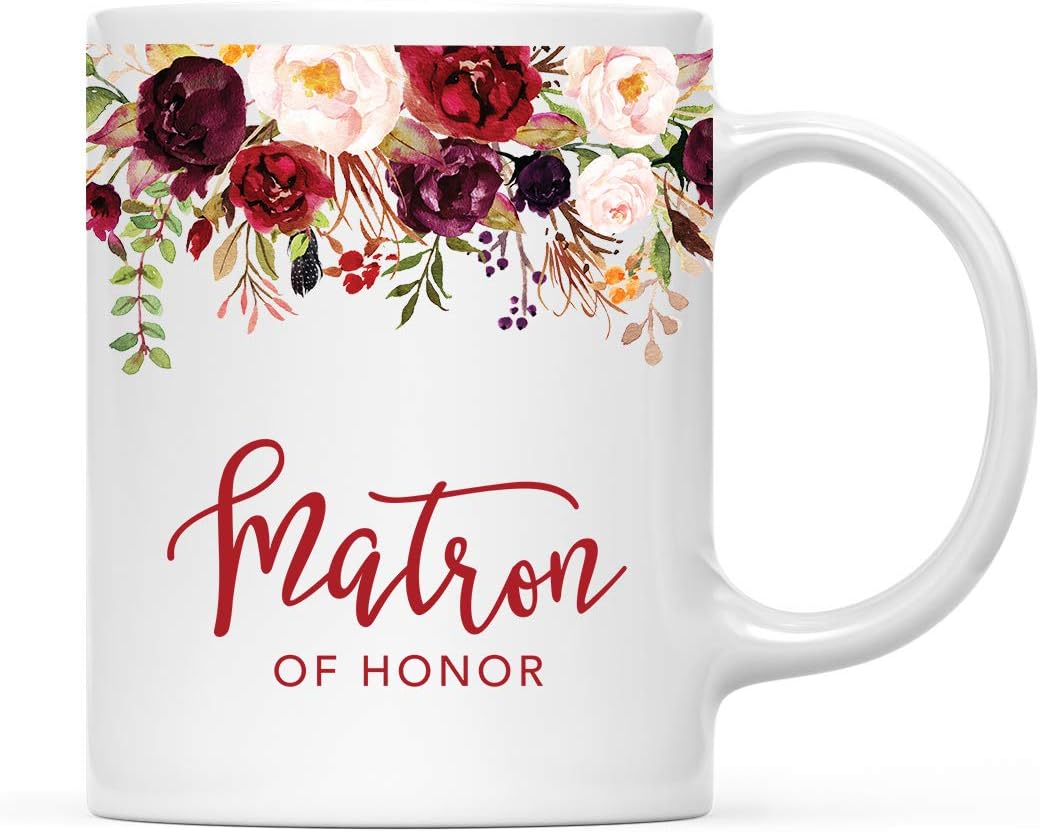 Andaz Press 11oz. Wedding Ceramic Coffee Tea Mug Gift, Fall Autumn Marsala Burgundy Flowers Roses Florals, Matron of Honor, 1-Pack, Includes Gift Box