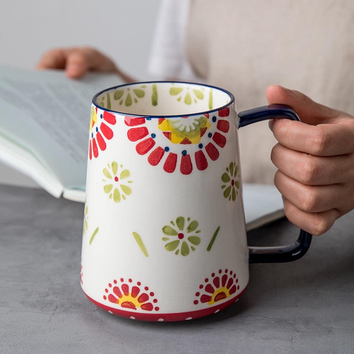 Large Ceramic Coffee Mug, 24 oz Big Tea Cup with Large Handle, Vintage Coffee Cup for Office and Home, Dishwasher and Microwave Safe (Multicolour)