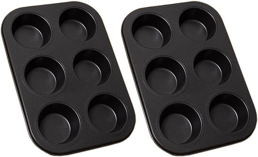 2Pcs Non-Stick 6-Cup Muffin Pan for Baking, Carbon Steel Cupcake Baking Tray, Stackable Cupcake Molds, Dishwasher Safe - 10.4 x 7.3 x 1.1 Inches (Black)