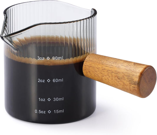 Espresso Cups 3 OZ, Double V-Shaped Spouts Cups, Espresso Shot Glasses with Wood Handle, Ribbed Milk Measuring Cup