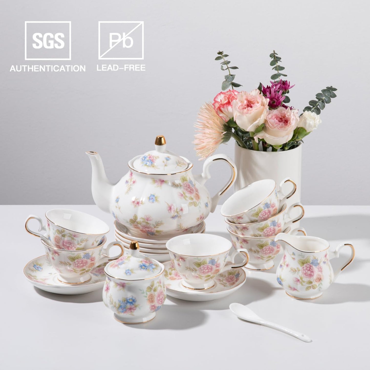 Sweejar Porcelain Tea Sets, Vintage British Floral Relief Gold Rimmed Teapot Cup and Saucer Set, Tea Set Service for 6, with Teapot, Sugar Bowl, Milk Jug, Spoons, Tea Cup and Saucer (Small Flower)