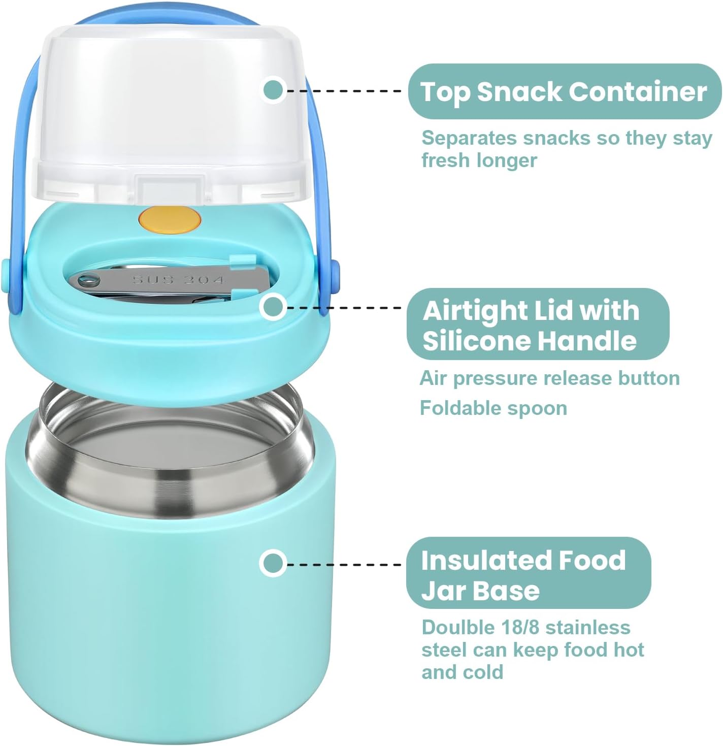 2-in-1 Insulated Food Jar & Snack Container - 15oz Kids Soup Thermos for Hot Food with Handle and Spoon, Leak Proof Reusable Toddler Snack Box, Perfect for School & Travel, Tiffany Blue