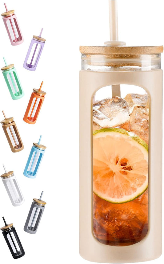 Kodrine 20oz Glass Tumbler with Straw and Lid, Iced Coffee Cups with Bamboo Lids, Glass Cups for Cold Drinks, Smoothie Cup with Silicone Sleeve for Travel, Work, BPA FREE-Oatmeal