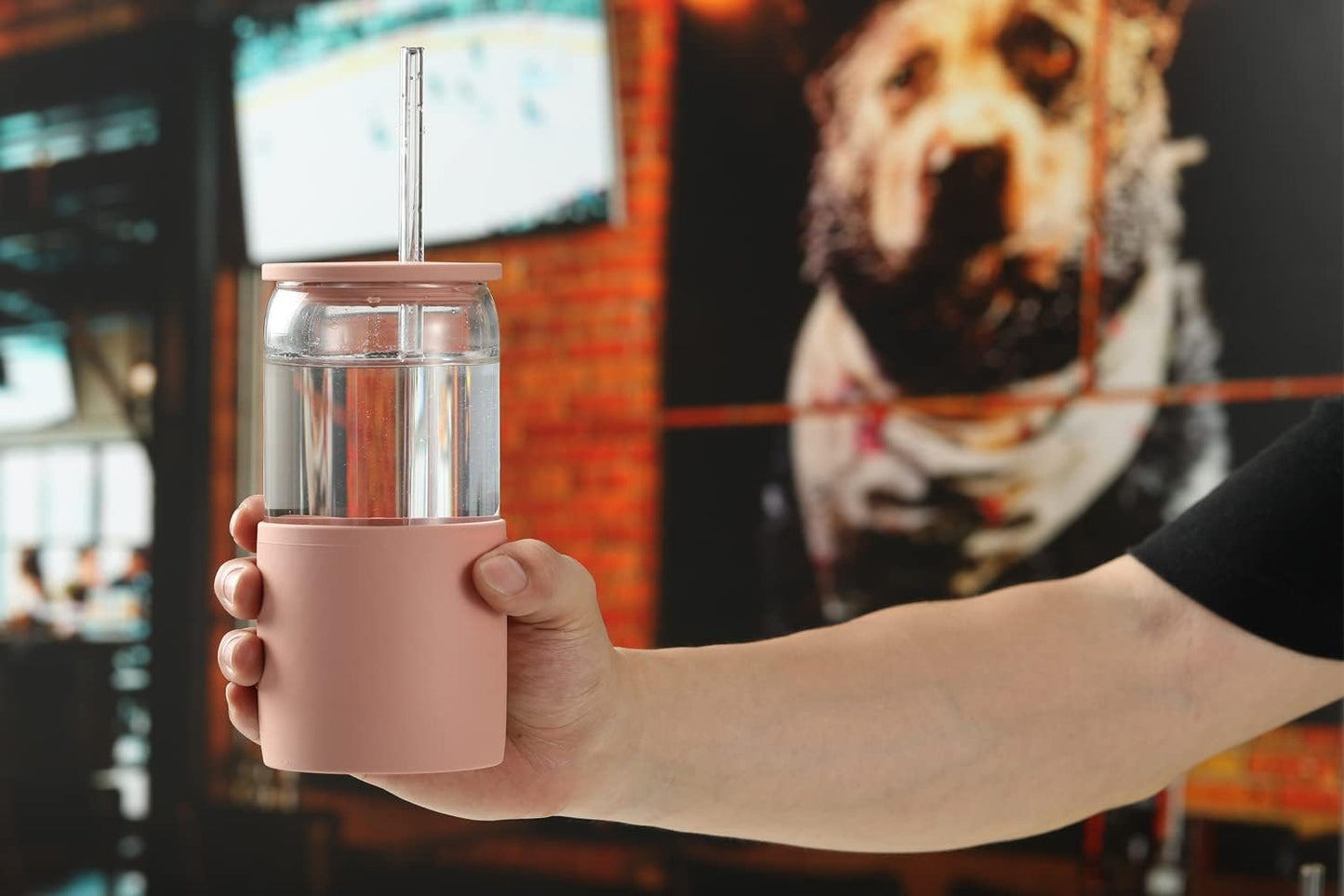 Sunseeke Glass Tumbler with Straw and Lid, 16oz Ice Coffee Cup, Silicone Sleeve Cleaning Brushes, Drinking Glasses for Water, Iced Coffee, Smoothie -BPA Free -3Pack