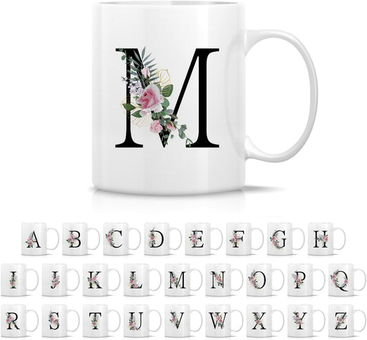 Retreez Initial A-Z Floral Botanical Bouquet Alphabet Monogrammed Monogram Mug 11 Oz Ceramic Tea Coffee Mugs - Appreciation Thank You Wedding Birthday Gifts for her friend coworker sister - M Initial