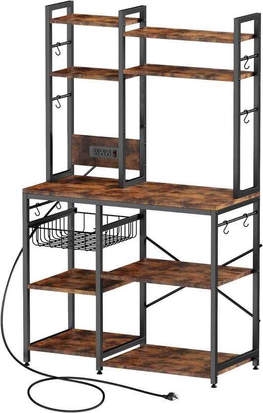 Standing Kitchen Baker’s Rack, Bakers Rack with Power Outlet, 6-Tier Microwave Stand, Coffee Bar with 12 S-Shaped Hooks, Kitchen Shelf with Storage, Coffee Bar Station, for Rustic Brown