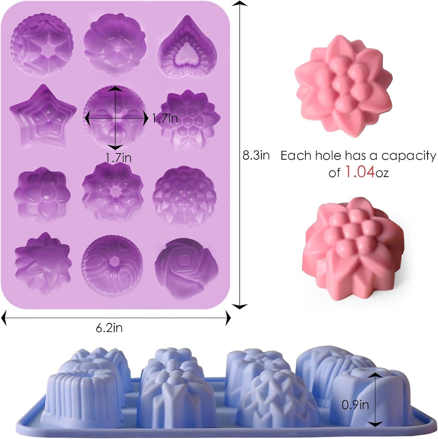 Sakolla 3 Pack Flower Molds Silicone, 12 Cavities Different Shapes Silicone Molds for Chocolate, Cupcake, Candy, Jelly, Ice Cube, Muffin (Pink, Purple, Blue)