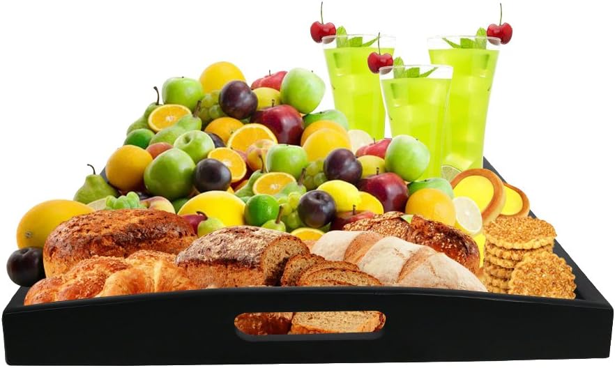 DILLMAN Serving Tray Large Black Wood Rectangle Food Tray Butler Tray Breakfast Tray with Handles (Large)