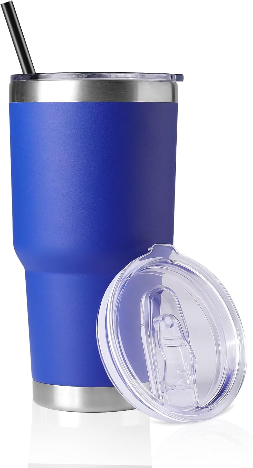 DOMICARE 30 oz Tumbler with Lid and Straw, Stainless Steel Tumblers Bulk, Insulated Vacuum Double Wall Travel Coffee Mug, Durable Powder Coated Tumbler Cup (Dark Blue, 1)