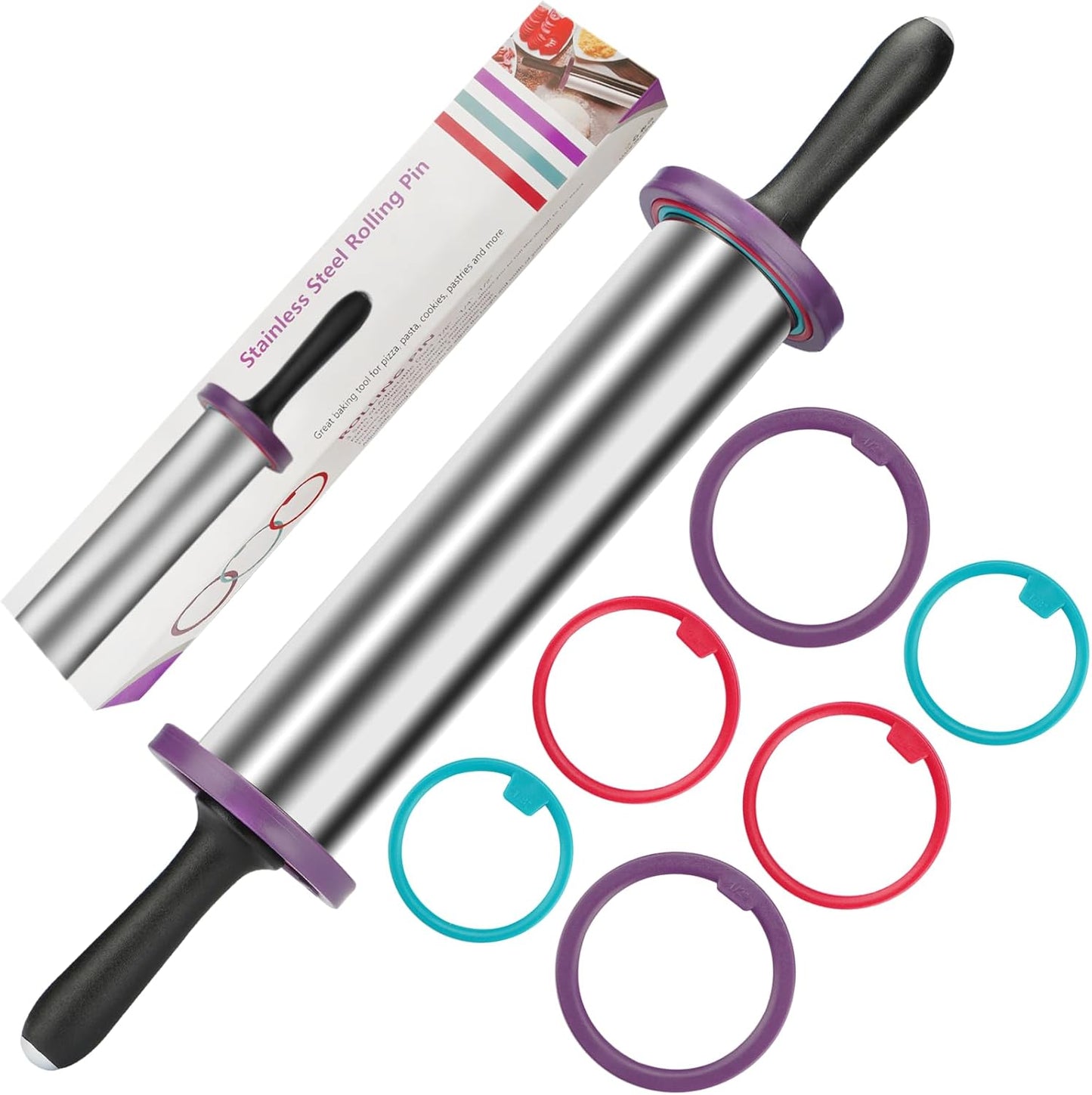 Rolling Pins,Rolling Pin and Silicone Baking Pastry Mat Set,Rolling Pins,Adjustable Stainless Steel Rolling Pin with Thickness Rings for Baking Dough,Pizza,Pie,Pasta