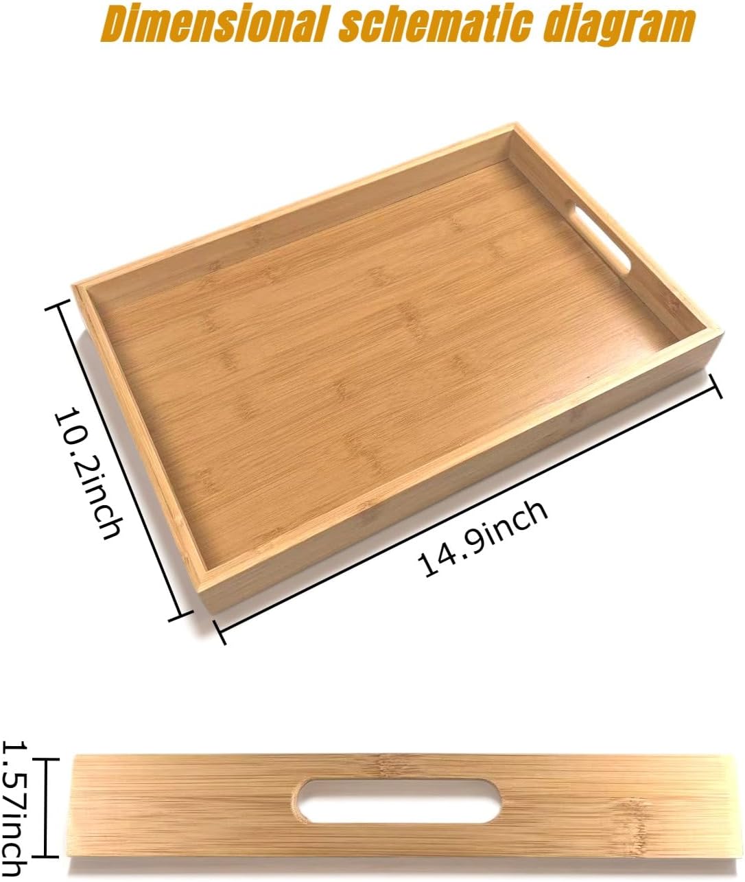 Large Bamboo Wooden Tray with Handles, Rectangular Natural Solid Wood Dinner Tray, Bamboo Wood Original Color. Suitable for Kitchen,Bedroom, Coffee, Party bar. (14.9x10.2 inches)
