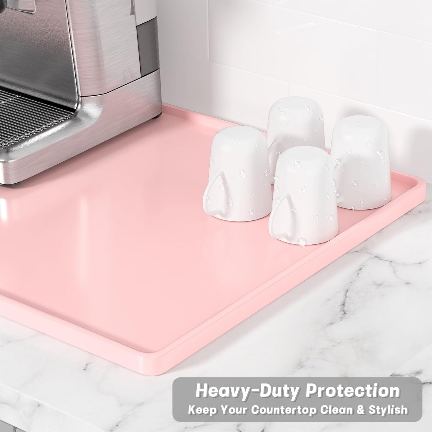 Rnivvi Silicone Coffee Mat, 12" x 19" Waterproof Raised Edge Coffee Bar Mats for Espresso Machine Station Accessories, Heat Resistant Dish Drying Pad for Kitchen Counter, Rubber Bar Decor Pad, Pink