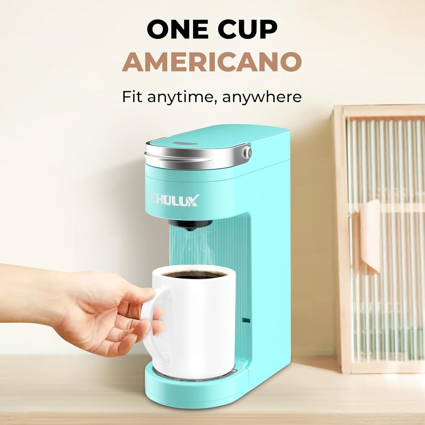 CHULUX Slim Single Serve Coffee Maker for K Cup, Mini Travel One Cup Coffee Machine for Home, Desk, Kitchen and Bedroom, Fits Travel Mug, Cyan