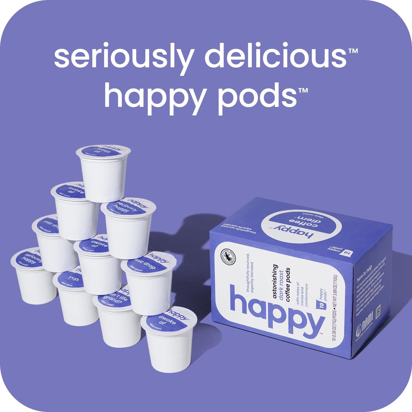 happy coffee dark roast coffee pods, 60 count, notes of cocoa & contentment, compatible with most K-cup brewers, rainforest alliance certified