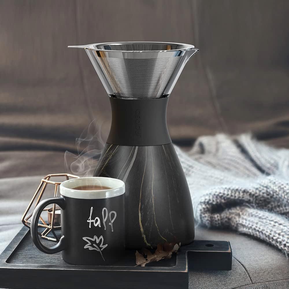 asobu Insulated Pour Over Coffee Maker (32 oz.) Double-Wall Vacuum, Stainless-Steel Filter and Take on the Go Carafe (Midnight Marble)
