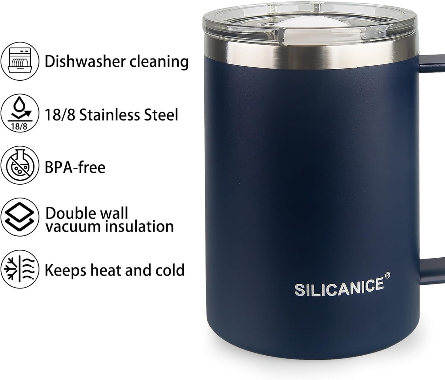 14 oz Stainless Steel Vacuum Insulated Tumbler with handle & MacSlider Lid, Dishwasher Safe & Spill Proof Coffee Cup, Travel Mug for Hot/Cold Drinks, Durable Design - Navy