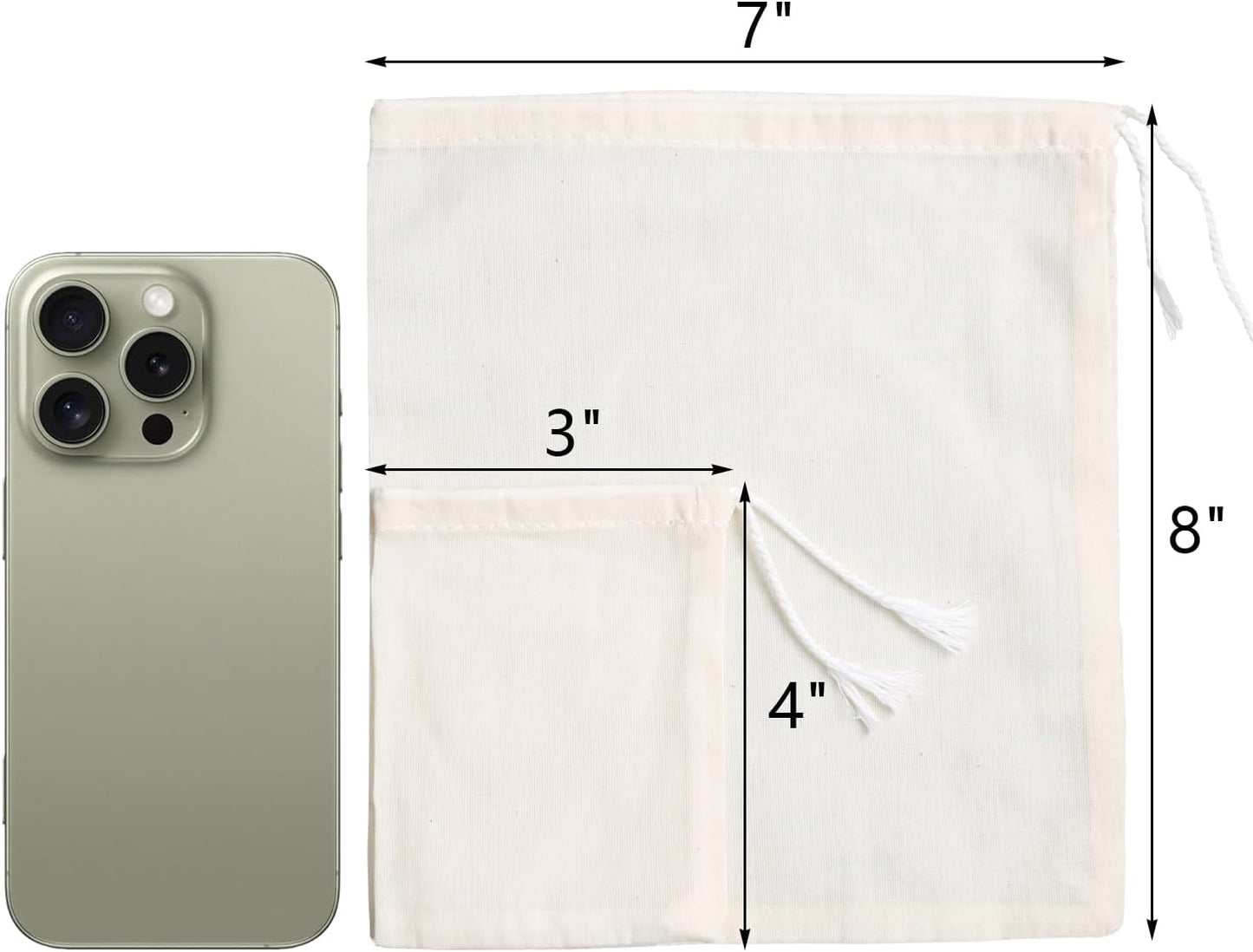 Eketirry Spice Bags, 10pcs Reusable Empty Tea Bags, Muslin Strainer Bags, Soup Bags for Cooking, Natural Cotton Fine Mesh Cheesecloth Bags for Cold Brew Coffee(3 x4" &7 x8")