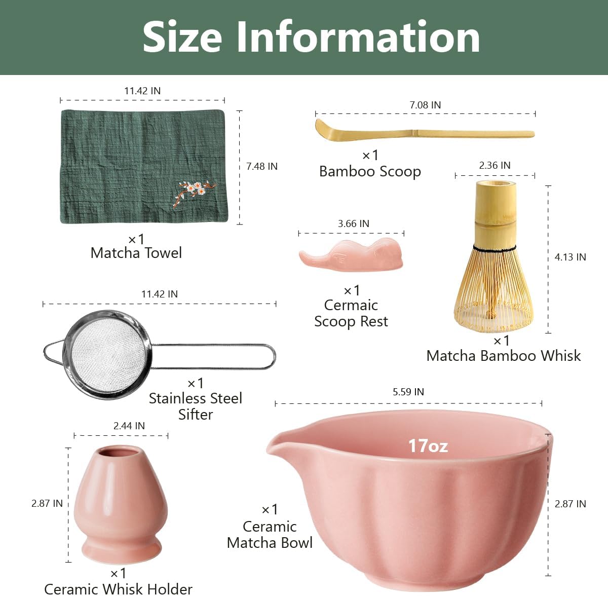 Pink Matcha Kit, 7 Pcs Matcha Whisk Set Includes Matcha Bowl with Spout, Bamboo Whisk, Chasen Holder, Sifter, Scoop and Rest, Tea Towel, Matcha Making Kit Tools for Family/Friend