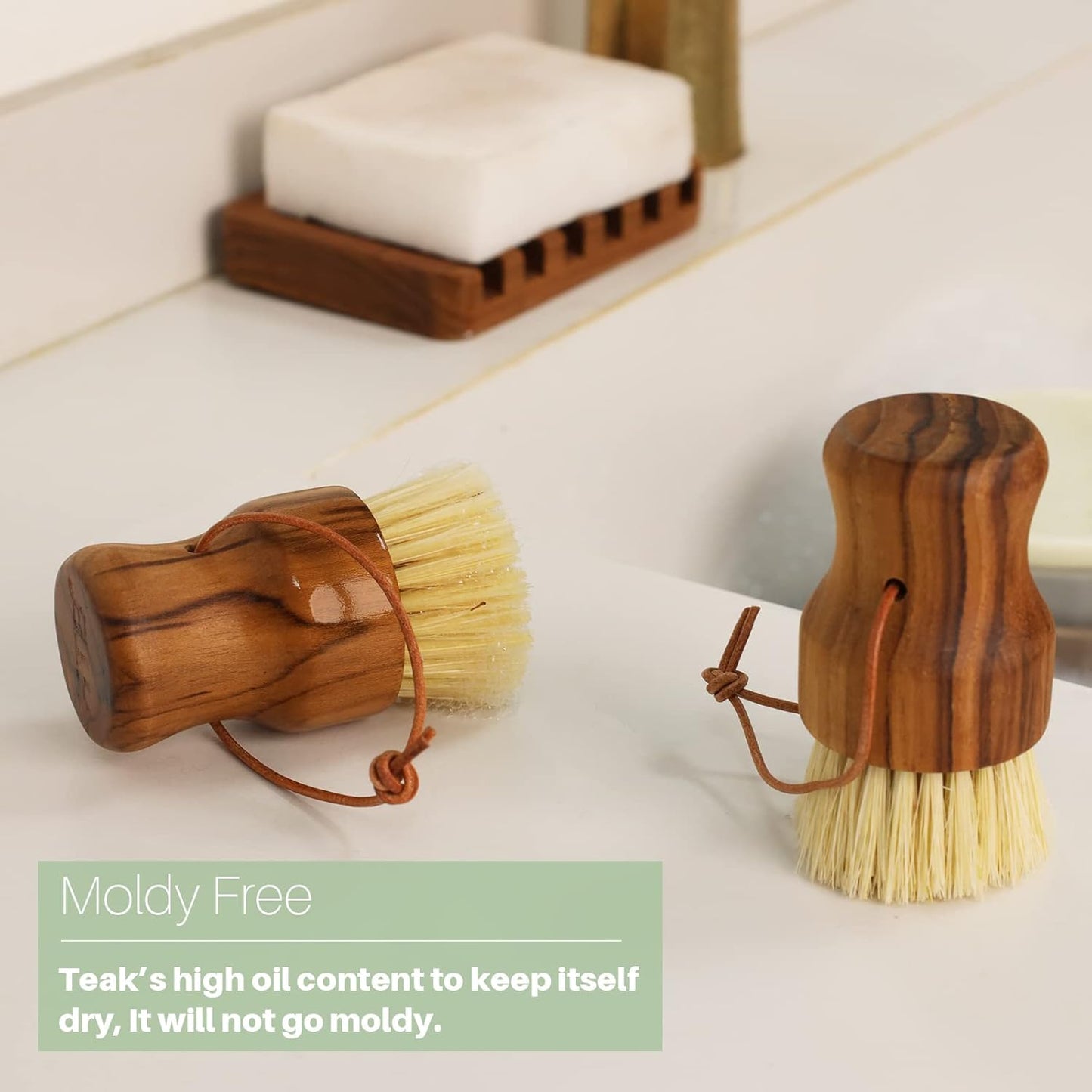 Teak Dish Scrub Brush 3PCS by HTB, Good Grip Small Wooden Dish Brush with Teak Handle & Sisal Bristles for Kitchen, Wood Cleaning Scrubbers Set for Washing Pan/Pot/Vegetable/Fruit