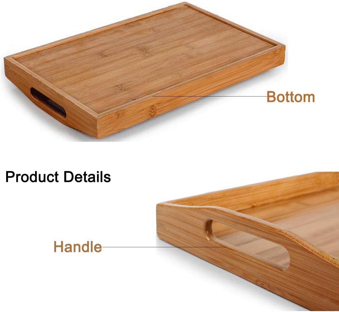 Bamboo Serving Tray with Handles, Tabletop Countertop Tea Coffee Breakfast Tray, Organizer Storage Container for Kitchen Bedroom Living Room Office Dining Room Bar, 12.4 x 7.2 x 1.1 Inch
