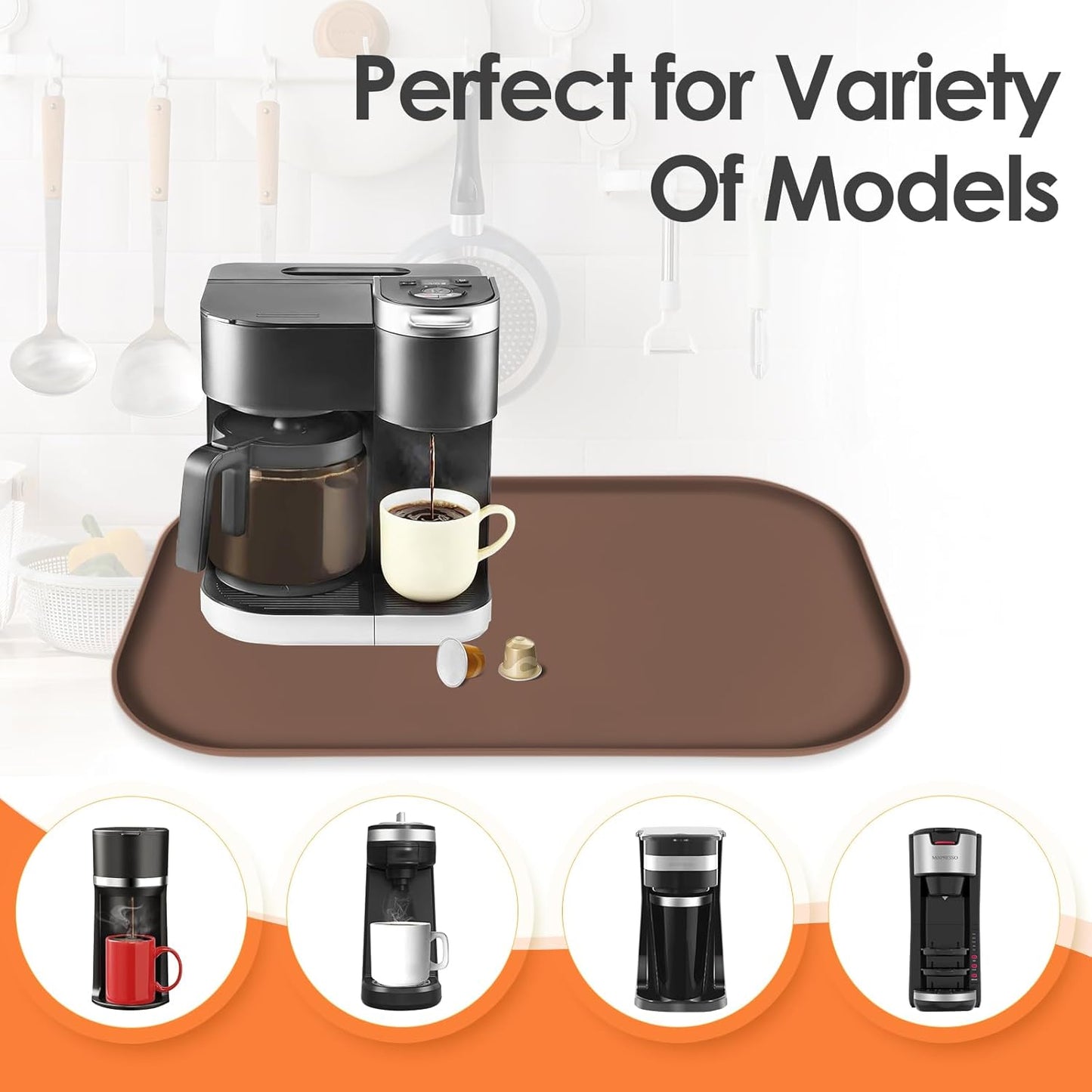 Silicone Coffee Maker Mat with Lip, 24'' x 16'' Heavy Duty Coffee Maker Mat for Countertops, Coffee Tray Fit Under Coffee Machine Appliance Automatic Machines Espresso Accessory, Brown