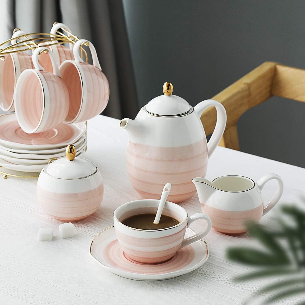 Sweejar Porcelain Tea Sets, 8 OZ Cups & Saucer Service for 4, Teapot Sugar Bowl Cream Pitcher Teaspoons and Tea Strainer for Adult Tea Coffee Afternoon Party (Pink)