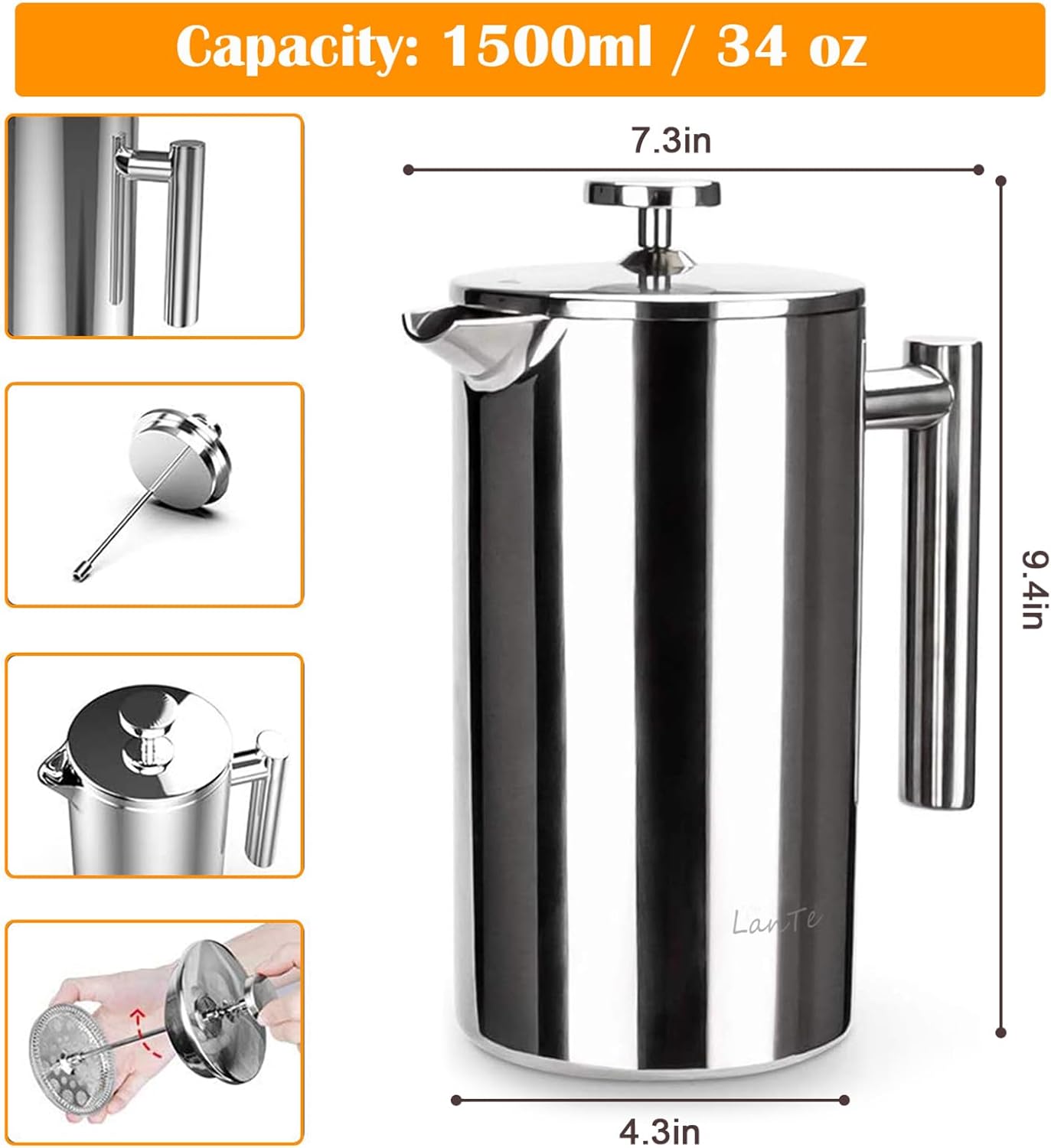 French Press Coffee Maker, 1.5L Double Insulated 304 Stainless Steel Tea Maker 4 Level Filtration System, No Coffee Grounds, Rust-Free, Dishwasher Safe 50oz Coffee Press for Family Party