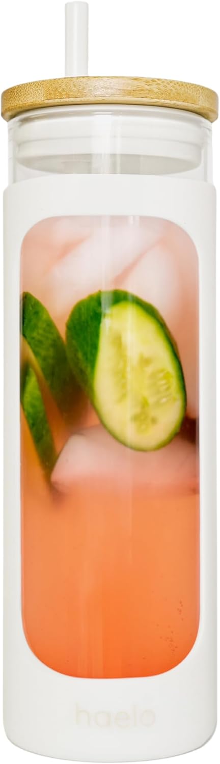 haelo 20oz Glass Tumbler Water Bottle, Iced Coffee Cup with Straw, Silicone Protective Sleeve, Bamboo Lid Reusable BPA Free (White)