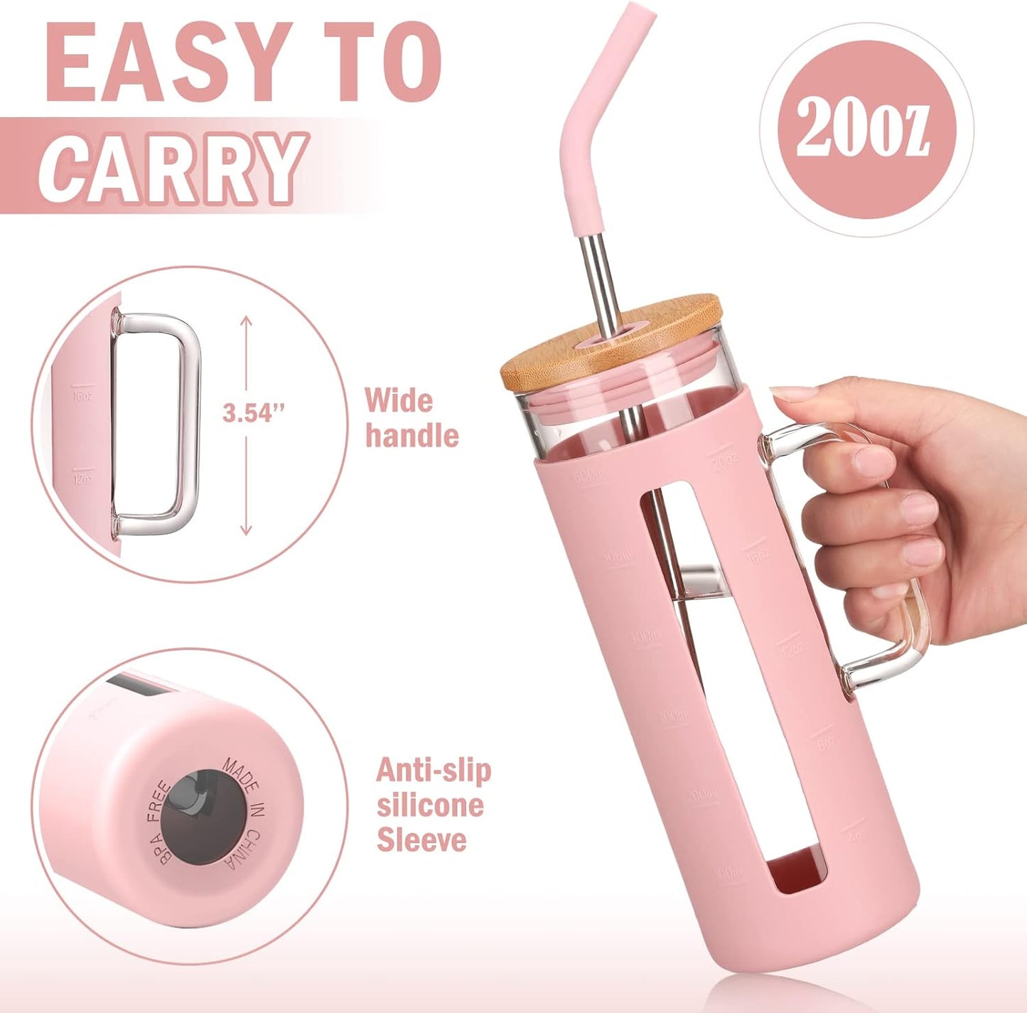 Kodrine Tumbler with Lid and Straw, 20 oz Glass Coffee Tumbler with Handle, Smoothie Cup with Bamboo Lid | Time Marker | Silicone Protective Sleeve, BPA Free -Pink