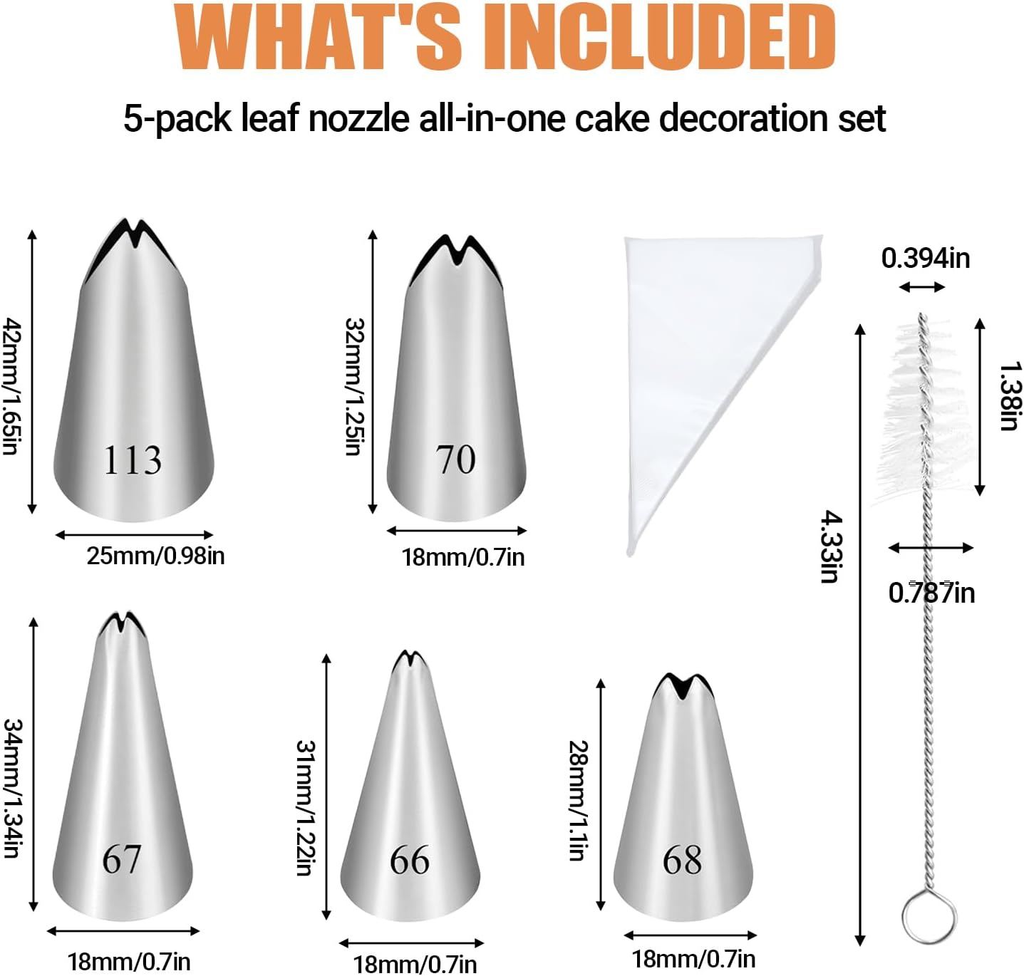 5PCS Piping Tips, Stainless Steel Cake Decorating Tips, Suitable for Pastry Fondant Cupcakes, with 50PCS Piping Bags, 1PCS Cleaning Brush