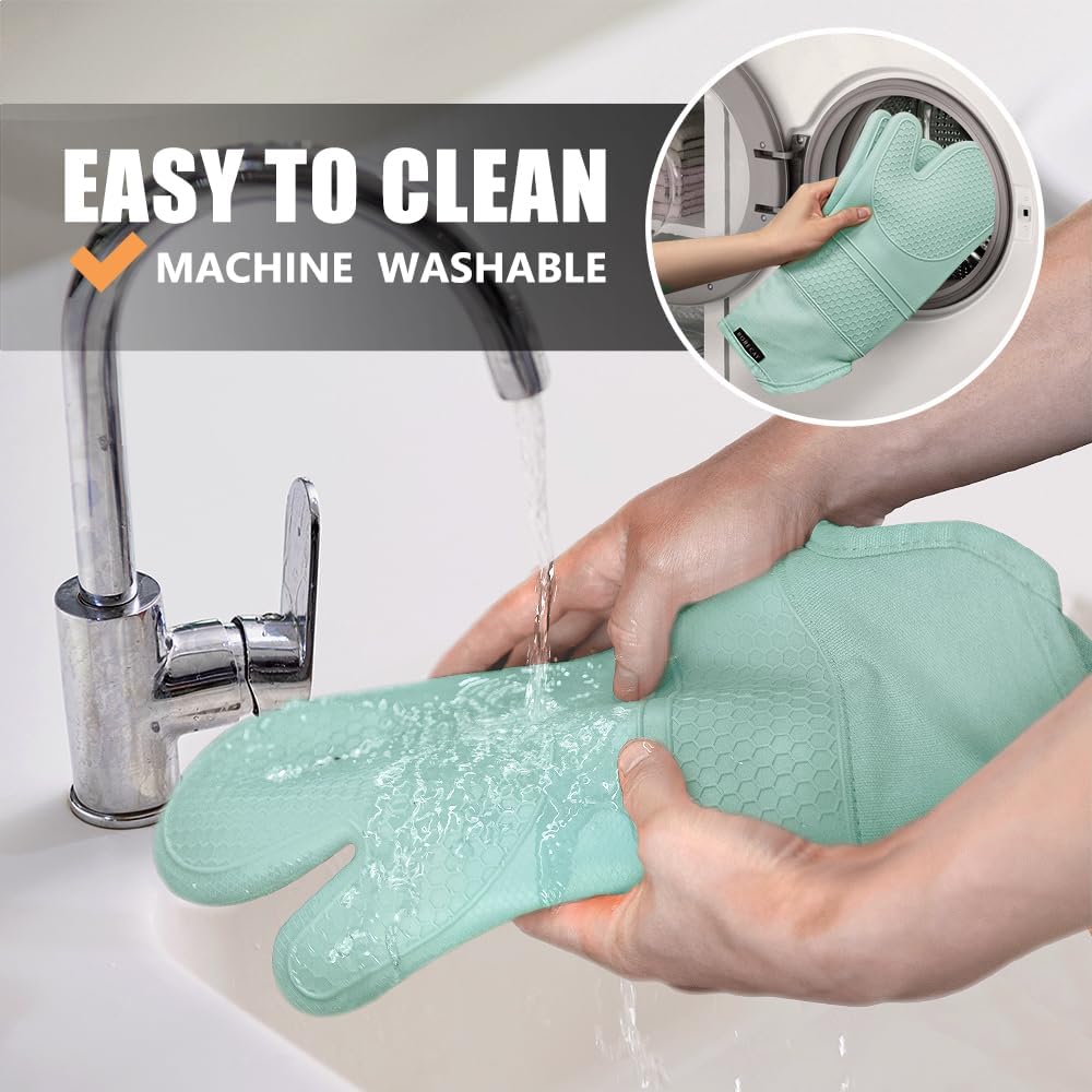 Rorecay 6pcs Oven Mitts and Pot Holders Sets Heat Resistant 500 Degrees, Extra Long Silicone Oven Gloves Non-Slip Potholders Hot Pads for Kitchen Baking Cooking, Quilted Liner, Bermuda Teal