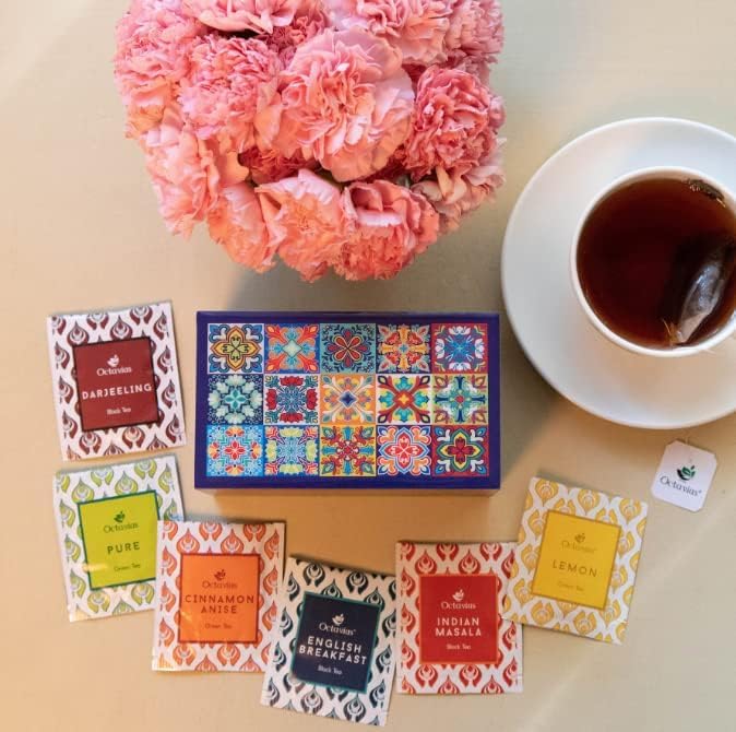 Octavius | Tile Motif Wooden Caddy Tea Sampler Pack | Assortment of 3 Black & 3 Green Teas | 30 Enveloped Double Chamber Tea Bags | Tea Sampler Variety Pack | Perfect for Tea Lovers | Pack of 1