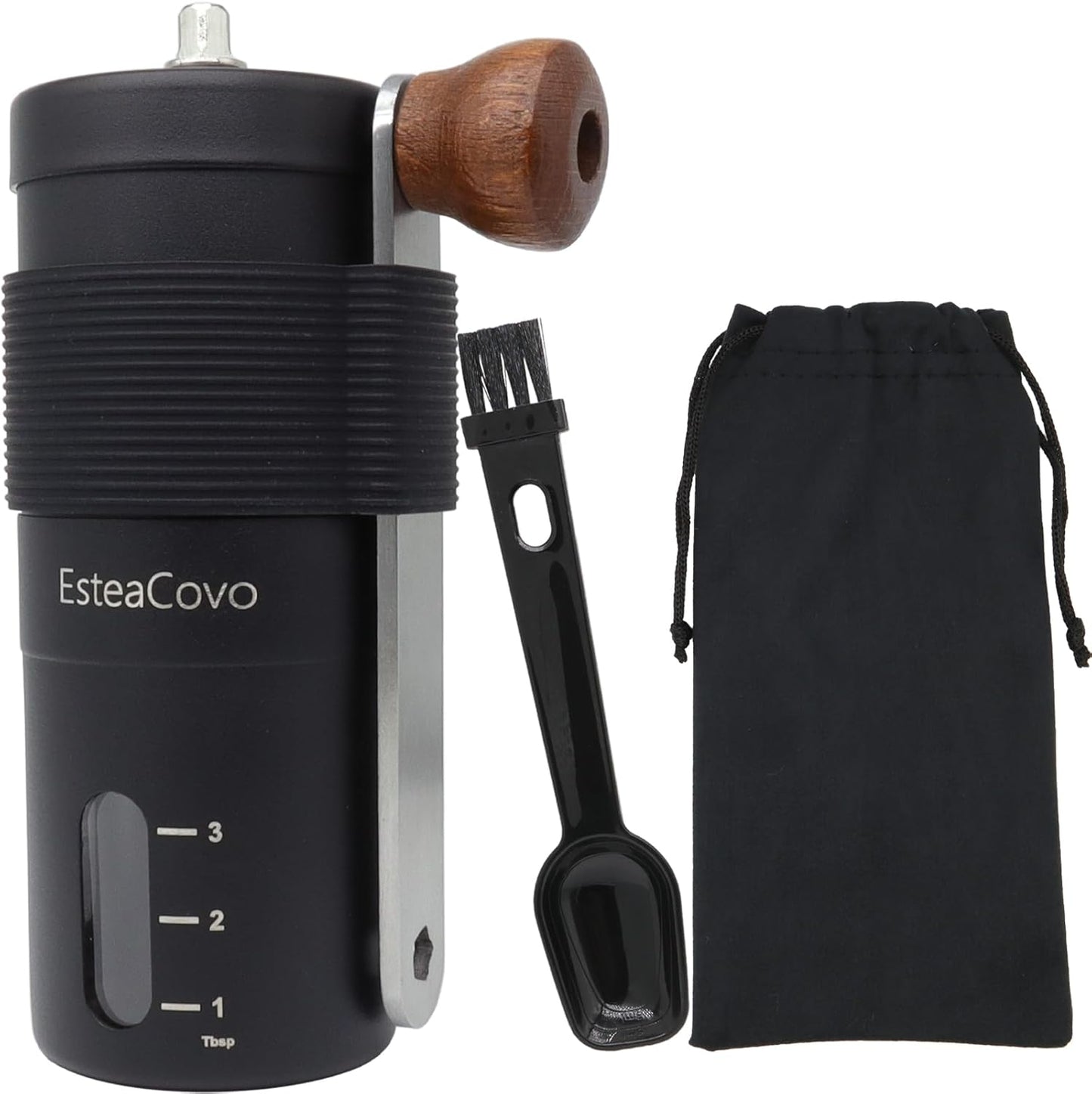 Manual Coffee Grinder for Home Use, Ceramic Burr Hand Crank Automatic Coarseness Stainless Steel Espresso Bean Mill for Travel Camping with Portable Storage Pouch, Easy to Clean Brush Spoon