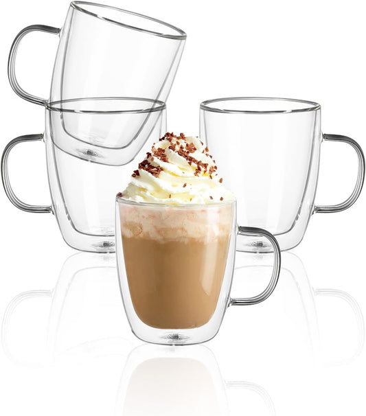 Sweese 12.5oz Borosilicate Glass Coffee Mugs Set of 4 - Double Walled, Clear Cups for Espresso, Latte, Tea