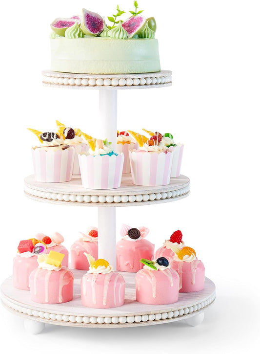 3 Tier Cupcake Stand Round,Wood Cupcake Stand with Beads,Tiered Cake Stand for 24 Cupcakes,Dessert Display Stand,Cupcake Tower for Party, Wedding, Birthday, Home Decor