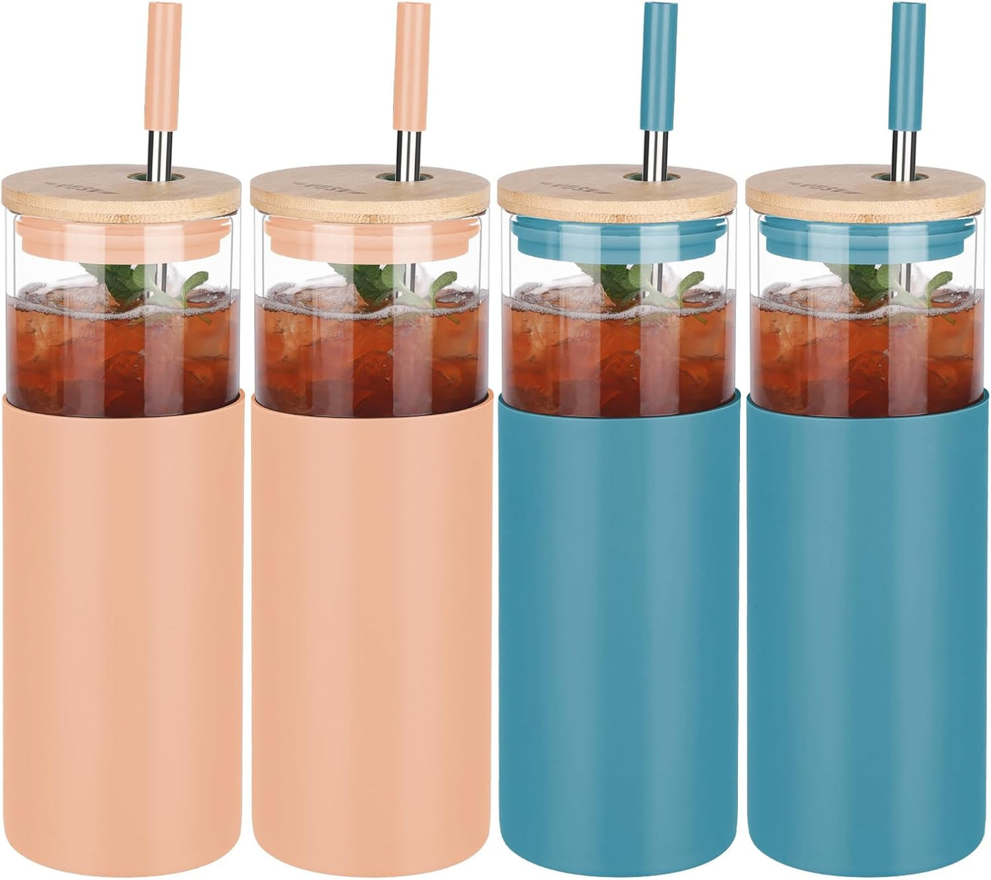 Glass Tumbler w/Lids & Straw - 24oz Reusable Mug w/Bamboo Lid & Stainless Steel Straw - BPA-Free, Leak-Proof, Dishwasher Safe for Coffee, Smoothies, Hot Beverages, Travel, Office, Home Use，4-PK