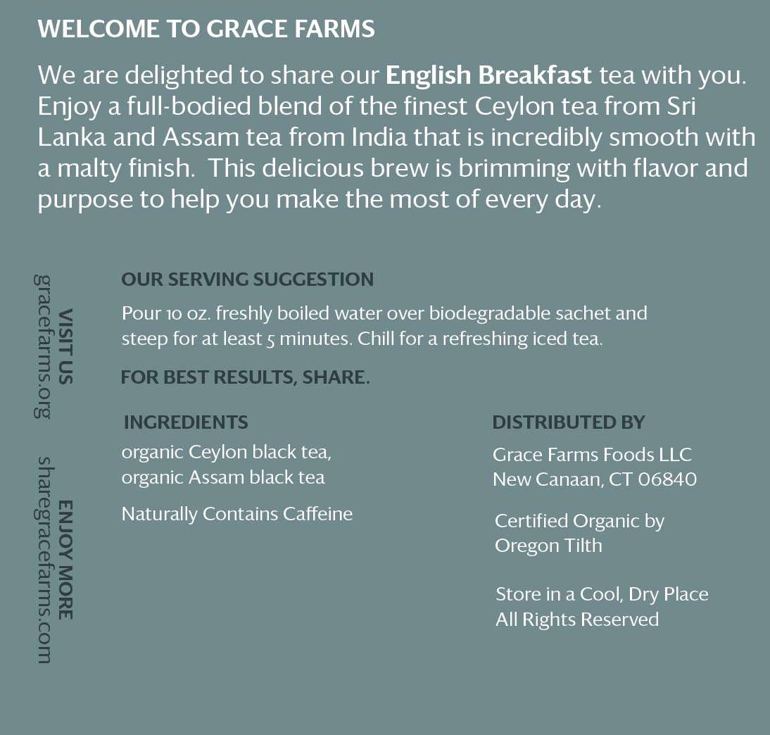 Grace Farms Organic English Breakfast Black Tea, 16 Pyramid Sachets | Fairtrade & Kosher |Gives Back 100% of Profits