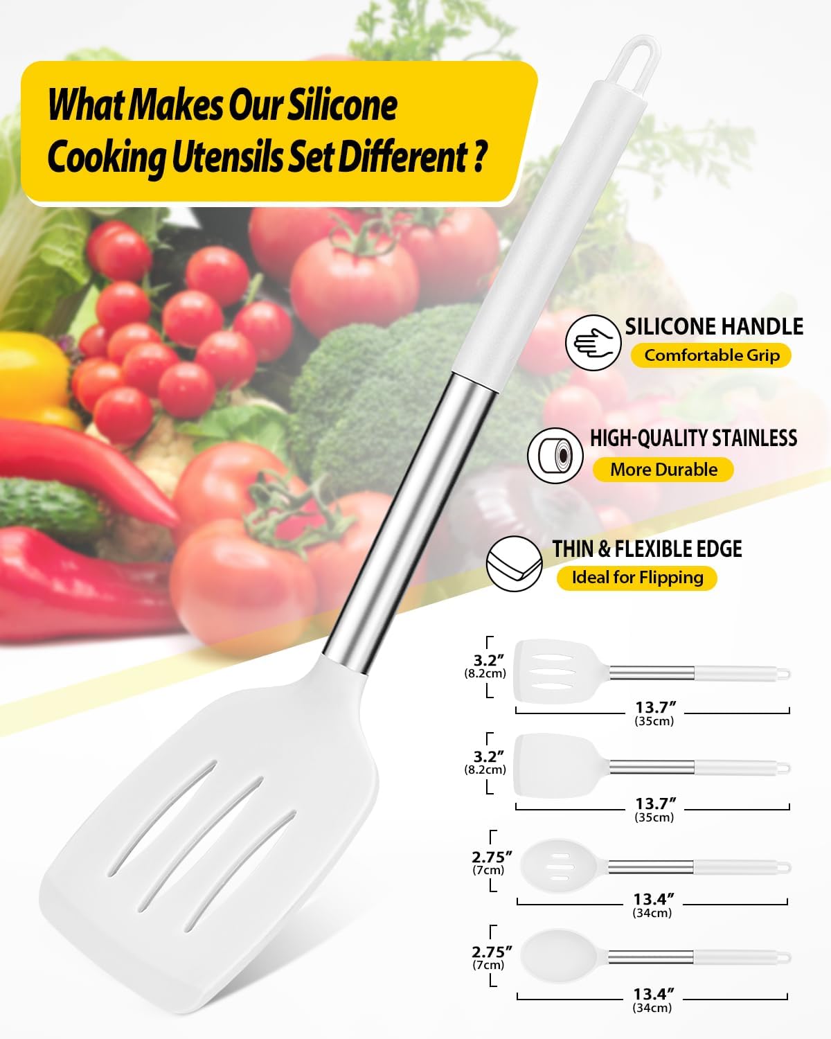Pack of 4 Silicone Cooking Utensils Set, Non Stick Large Solid Spatulas, Heat Resistant Slotted Spoons, Ideal BPA Free Kitchen Turners for Frying, Mixing,Serving,Draining,Turning,Stirring (WHITE)