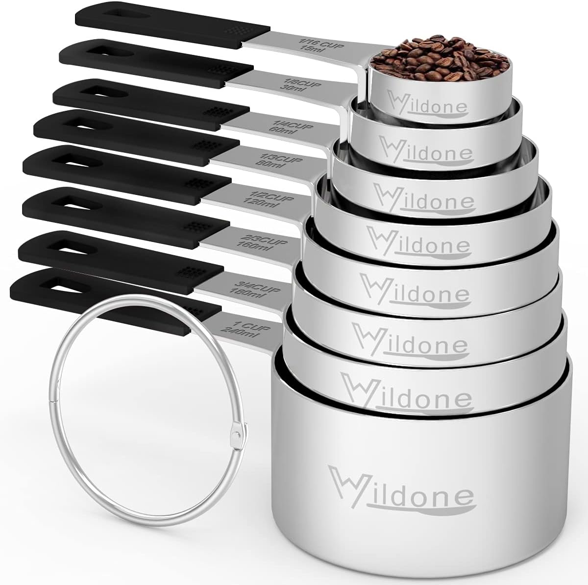 Measuring Cups & Spoons Set of 18 - Wildone Stainless Steel Nesting Measuring Cups 8 Piece and 9 Measuring Spoons, 1 Leveler, Ideal for Dry and Liquid Ingredients (Black)