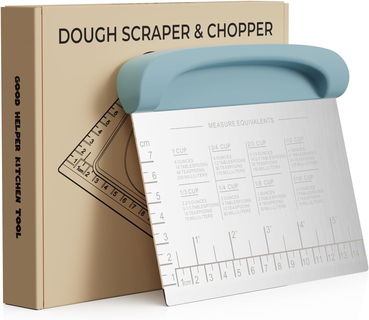 Bench Scraper Dough Cutter Tool - Pastry Scraper for Bread Cake Pizza, Bench Knife Kitchen Dough Scraper for Baking, Stainless Steel Food Scraper with Grip Handles & Measuring Scale, Blue