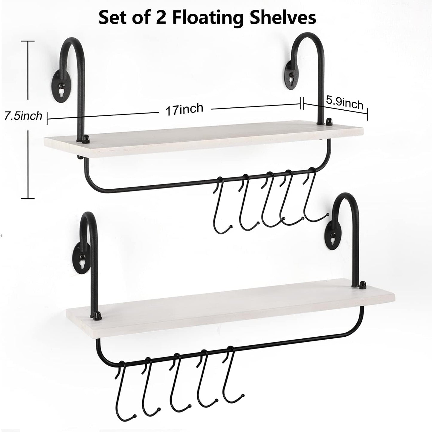 Olakee Floating Wall Shelves for Kitchen Bathroom Coffee Nook with 10 Adjustable Hooks for Mugs Cooking Utensils or Towel Rustic Storage Shelves Set of 2/17x5.9 inch (White)
